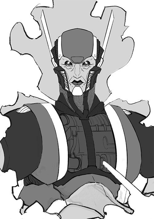 Black and white image of a robotic illustration.